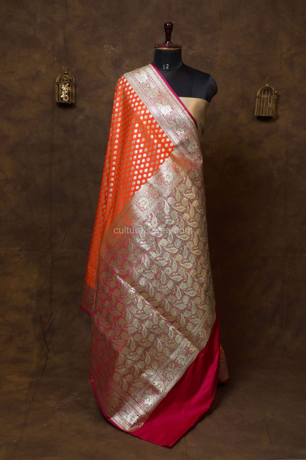 Marigold Minakari Banarasi Satin Saree with floral pink border and achal