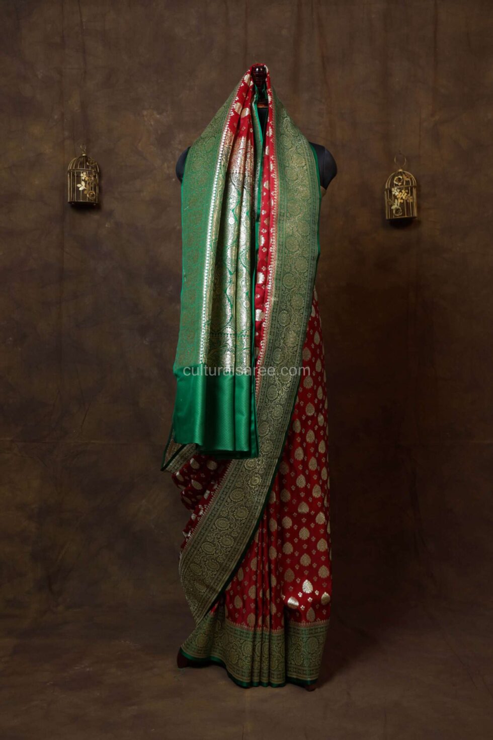 Berry Red Minakari Banarasi Satin Saree with beautiful green minakari border