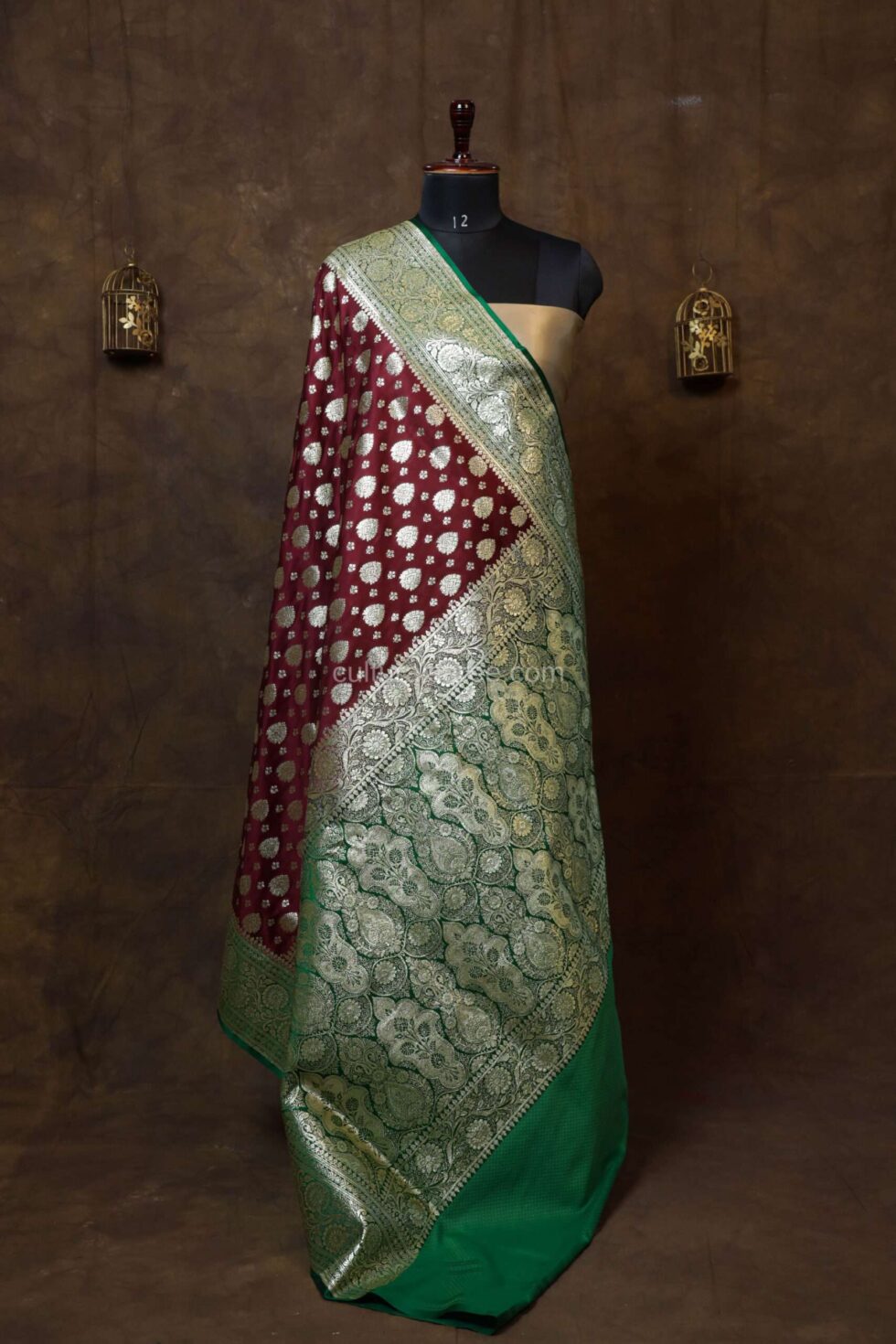 Royal Maroon Minakari Banarasi Satin Saree with beautiful minakar border and achal