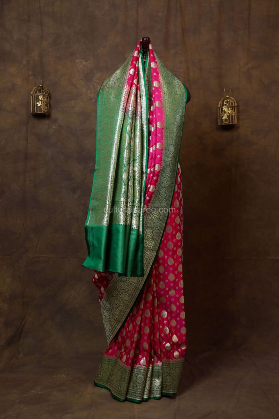 Rani Pink Minakari Banarasi Satin Saree with beautiful green minakari border