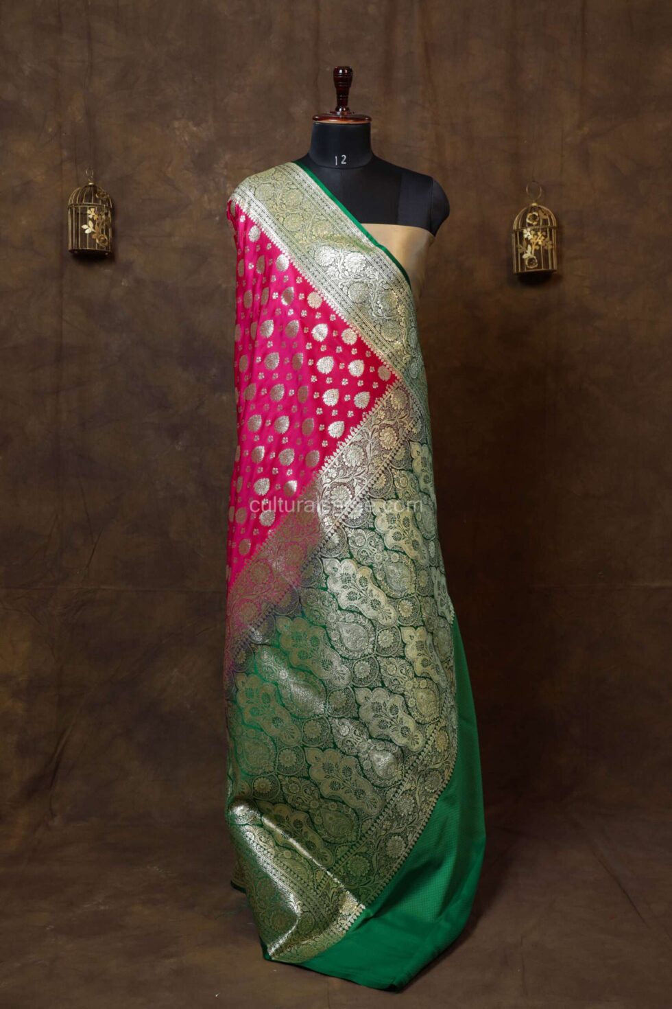Rani Pink Minakari Banarasi Satin Saree with beautiful green minakari border and achal