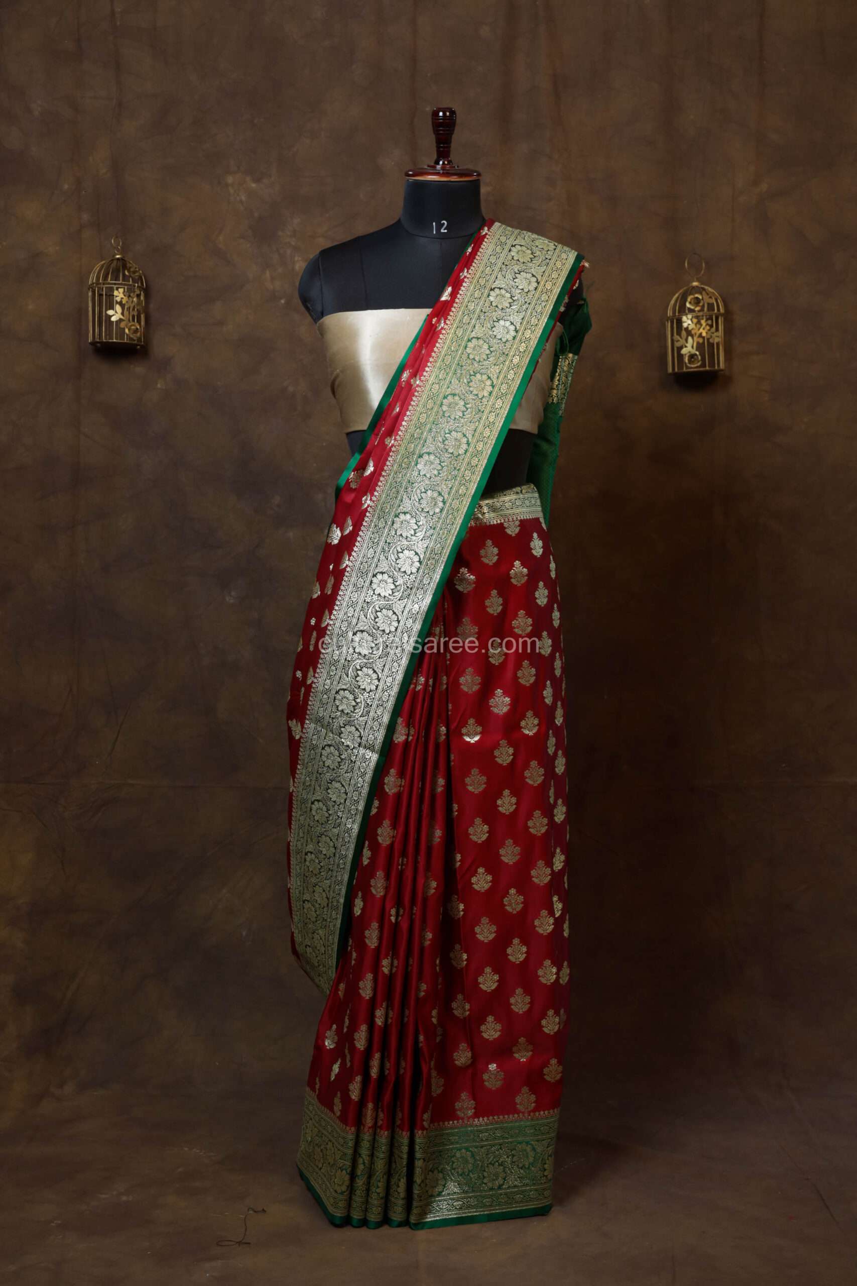 Dark Red Minakari Bararasi Satin Saree