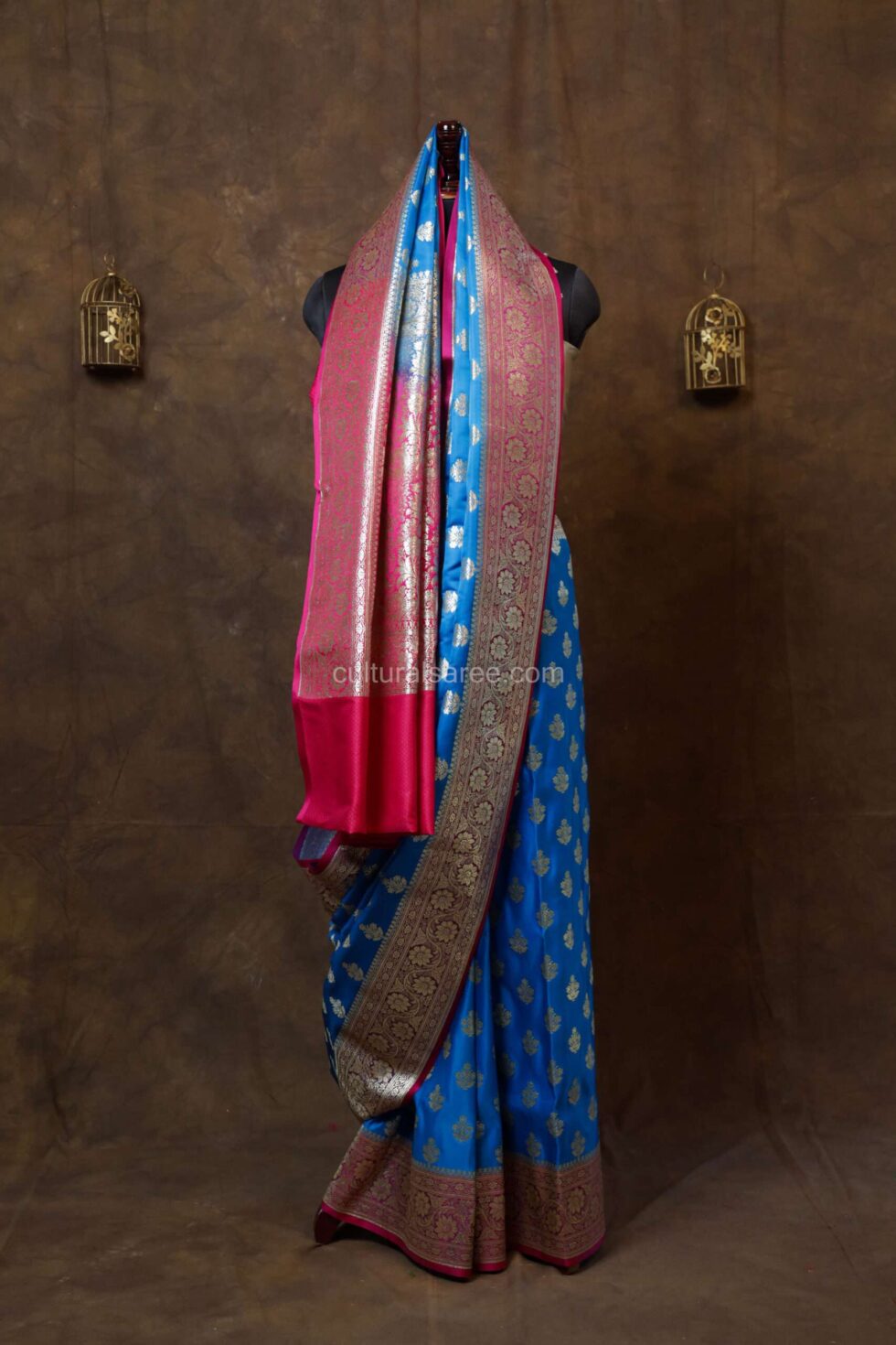 Sky Blue Minakari Banarasi Satin Saree with minakari gold zari border