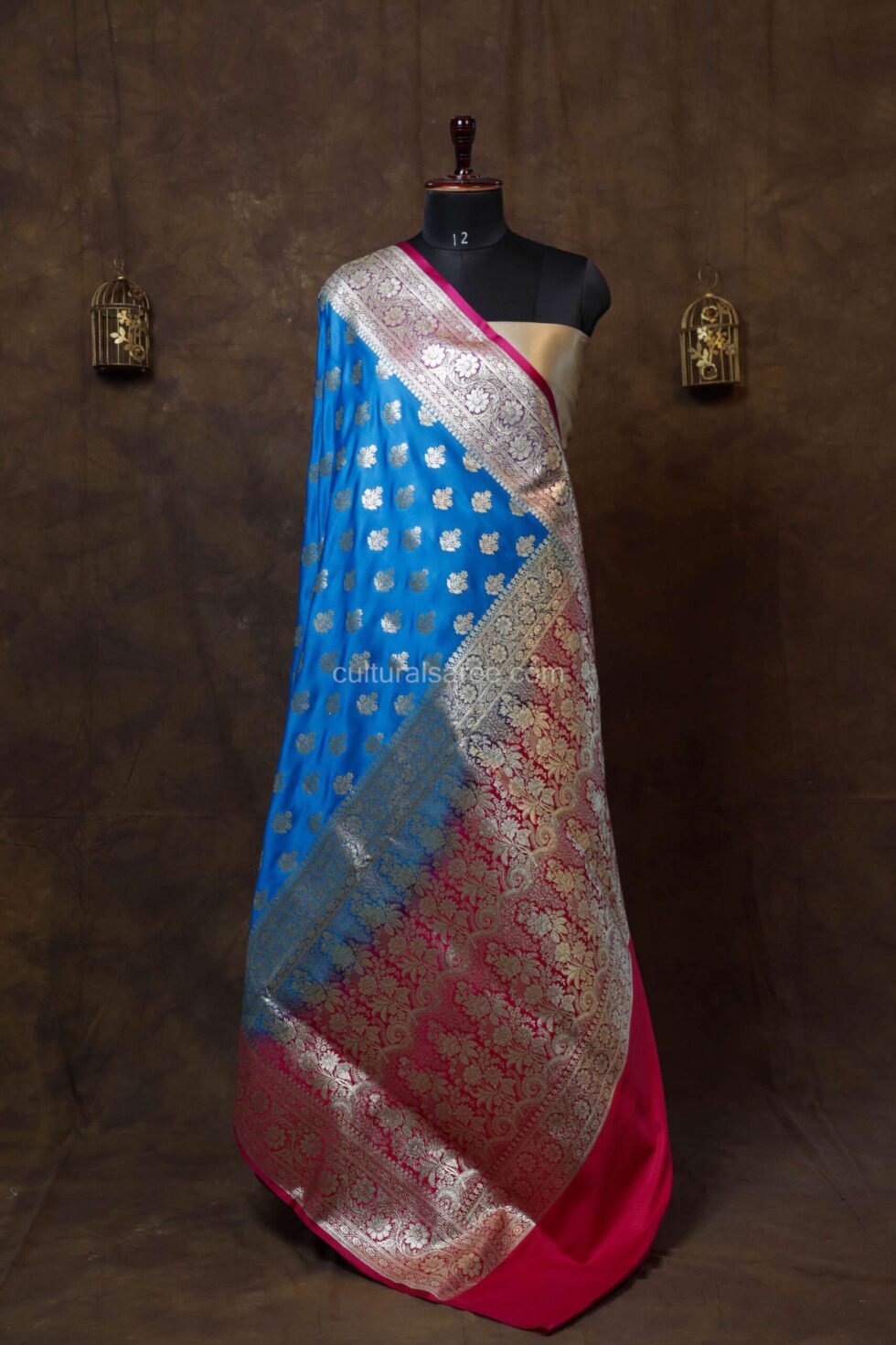 Sky Blue Minakari Banarasi Satin Saree with minakari gold zari border and achal