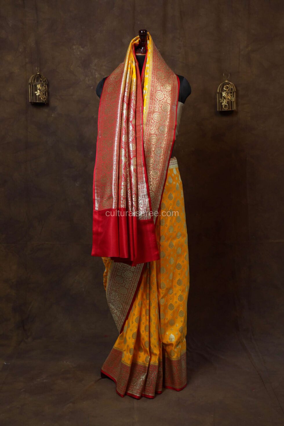 Yellow Minakari Bararasi Satin Saree with beautiful border