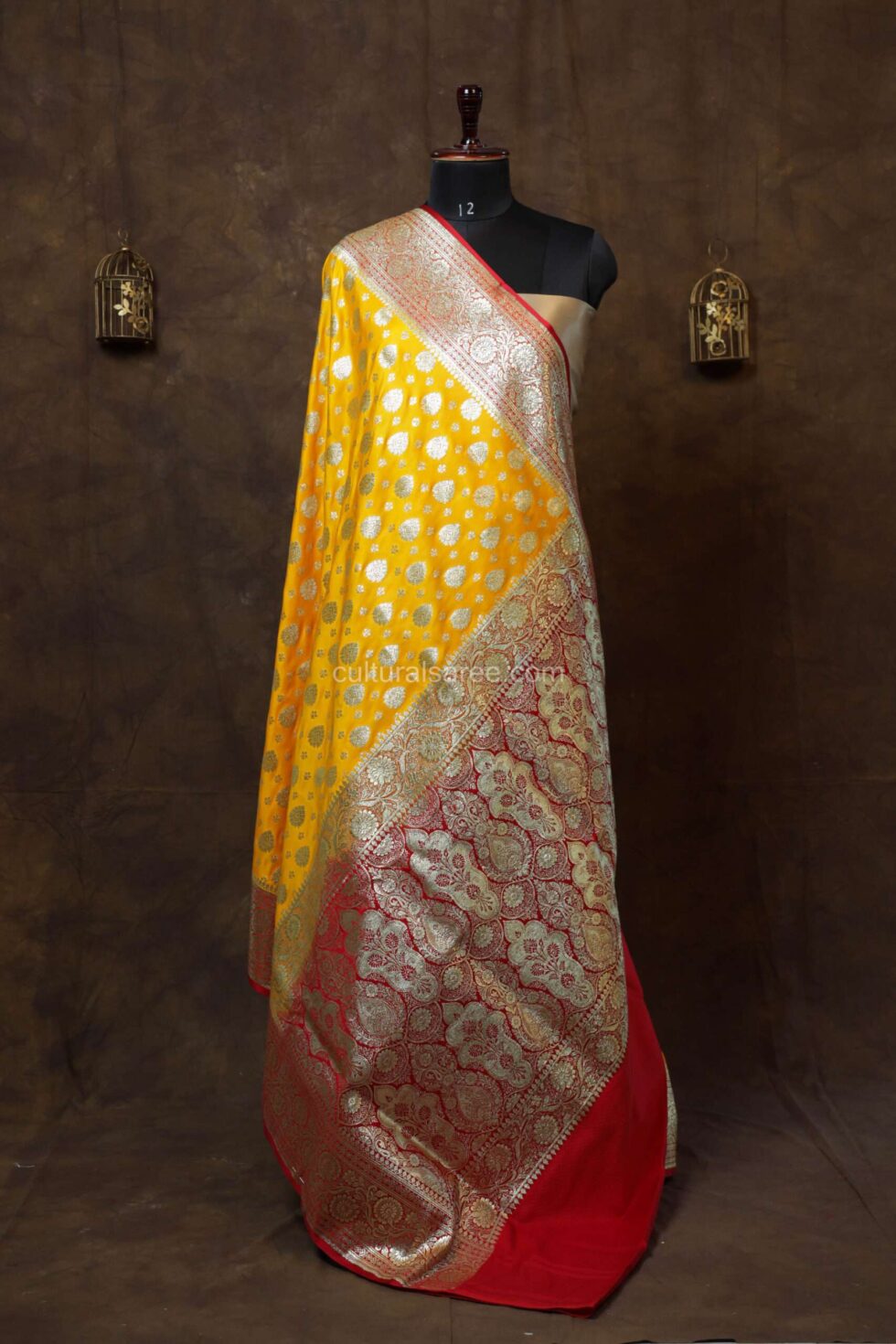 Yellow Minakari Bararasi Satin Saree with beautiful border and achal