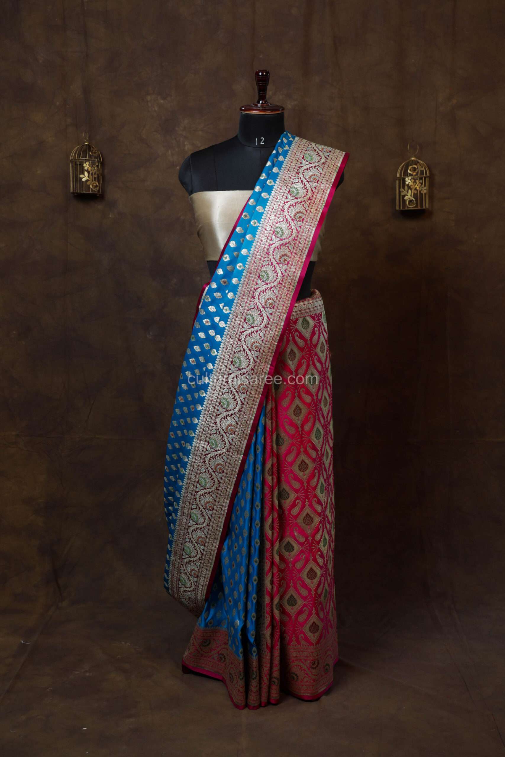 Ocean Blue and Pink Partly Minakari Contrast Banarasi Satin Saree with minakari border