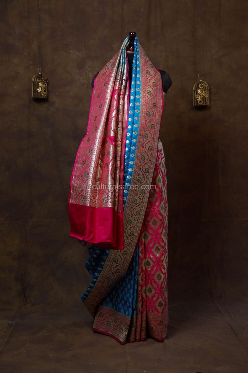 Ocean Blue and Pink Partly Minakari Contrast Banarasi Satin Saree with minakari border and achal