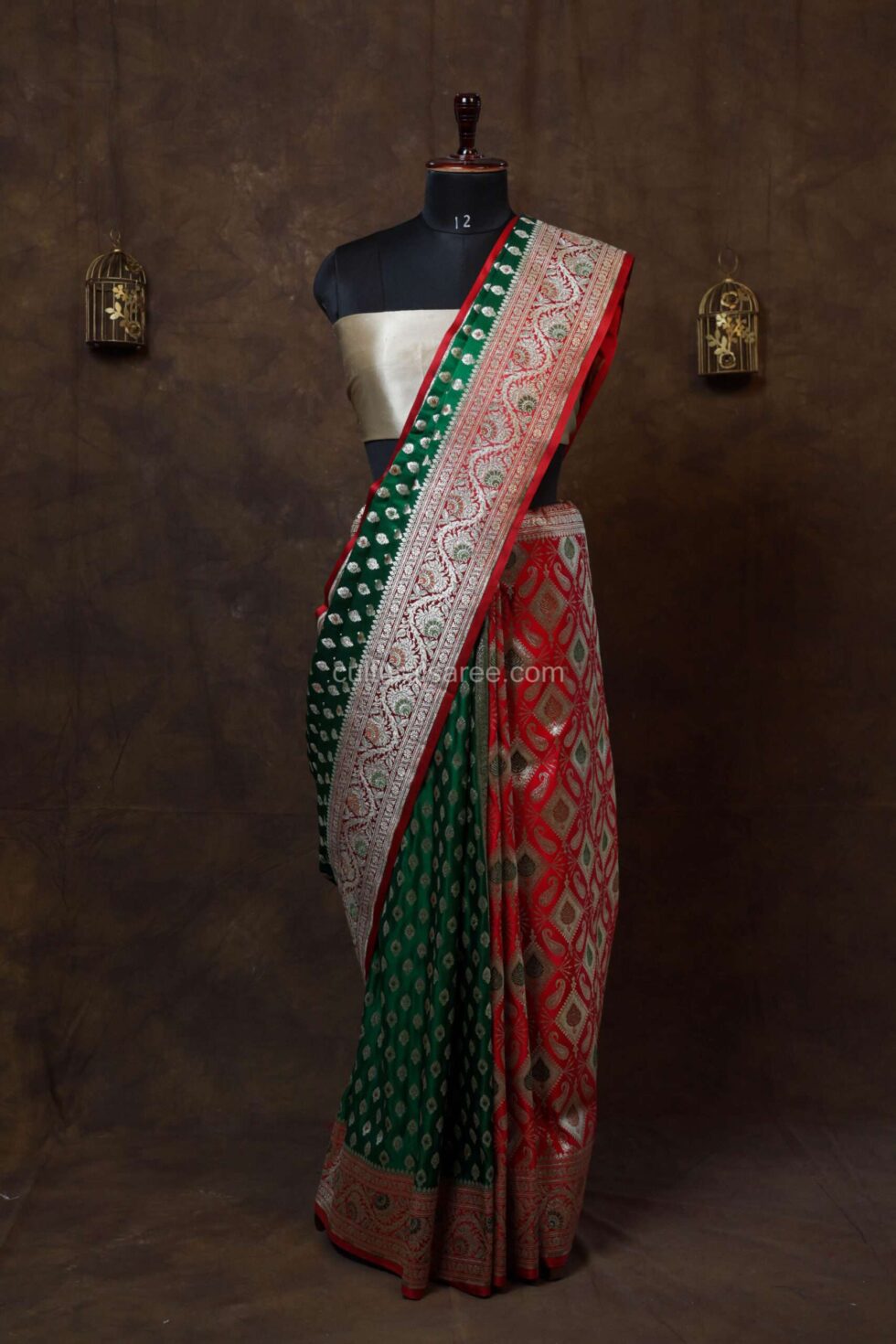Red and green banarasi contras satan saree