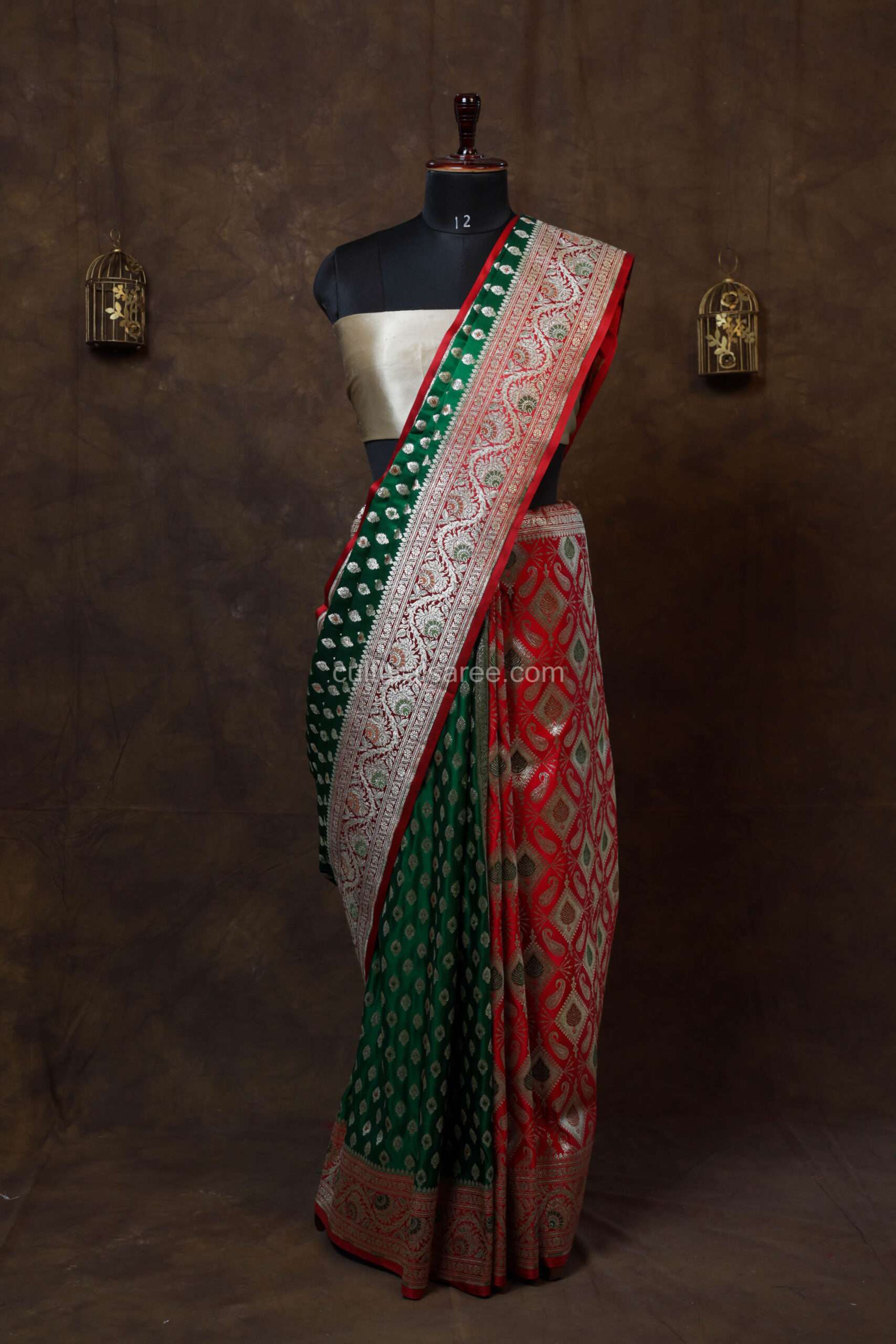 Red and green banarasi contras satan saree