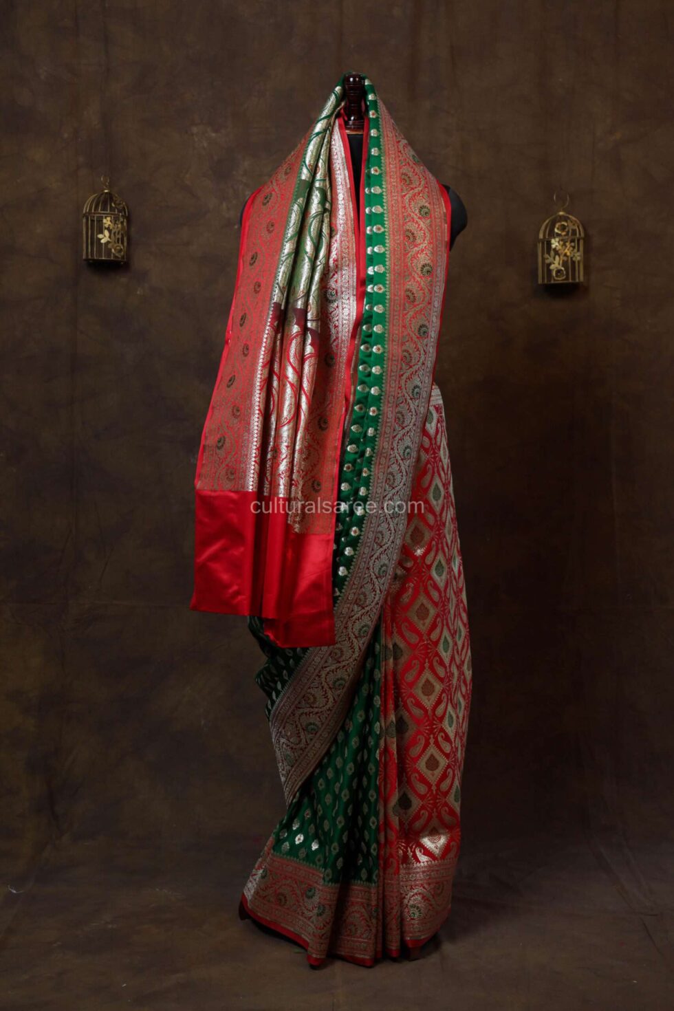 Red and green banarasi contras satan saree with beautiful gold and silver zari border