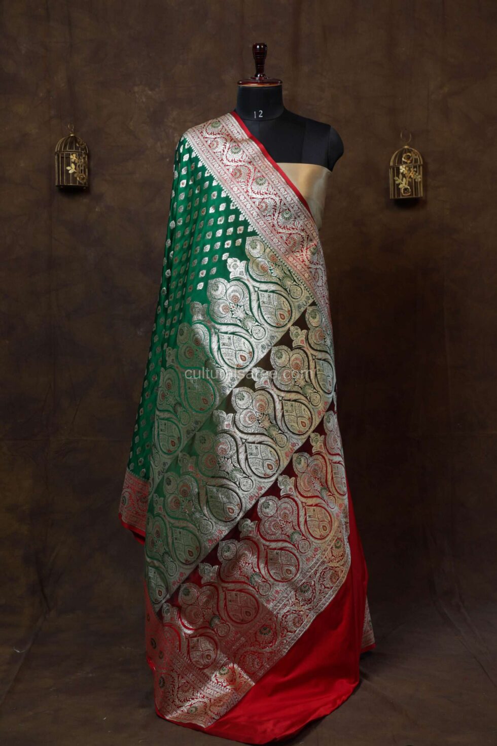 Red and green banarasi contras satin saree with beautiful gold and silver zari border and achal