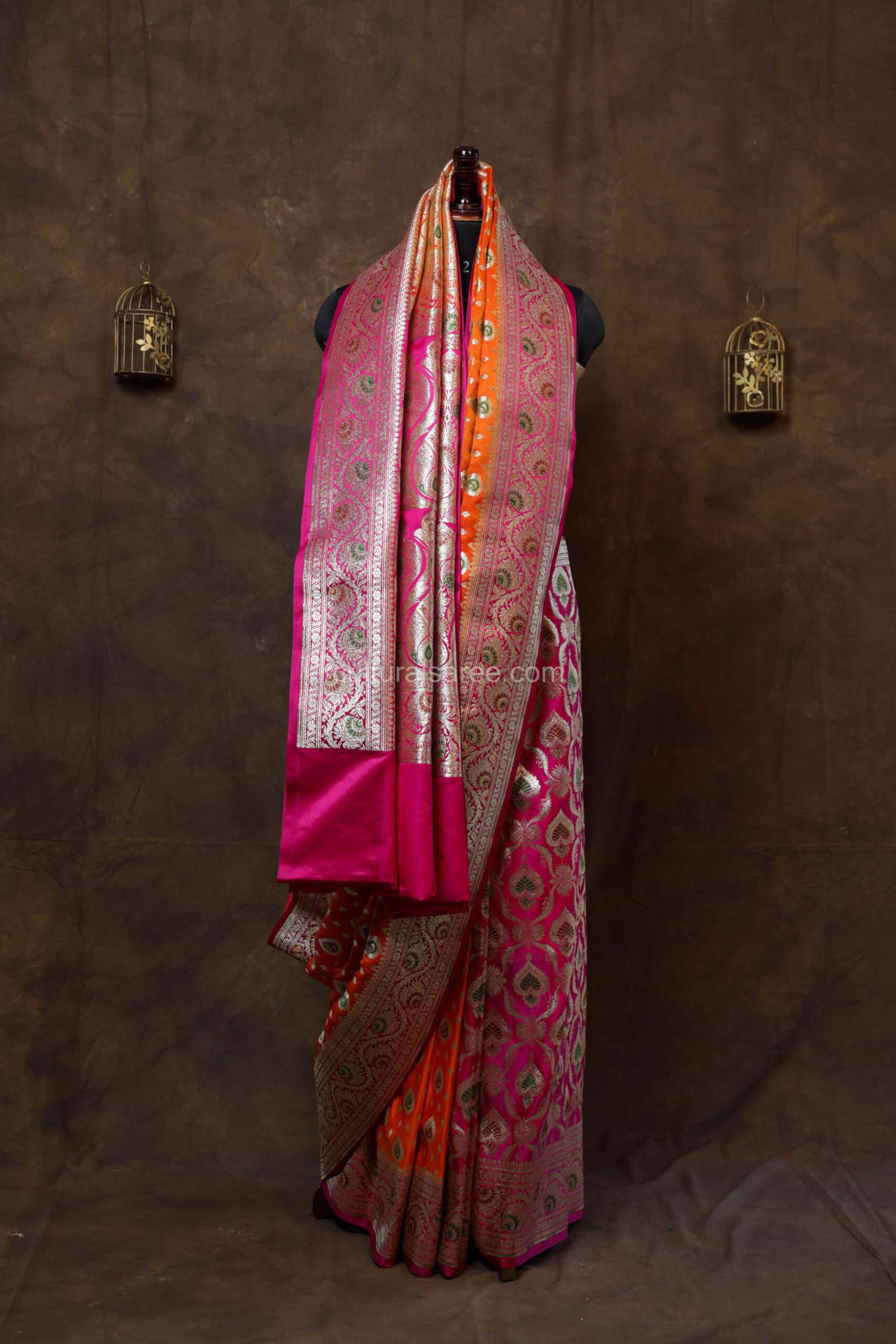 Marigold and Pink Partly Minakari Contras Banarasi Satin Saree