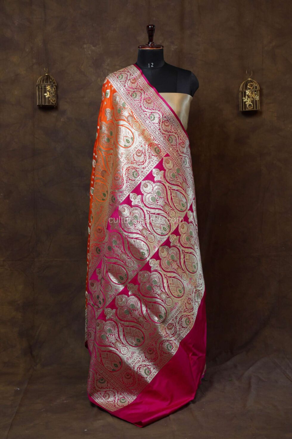 Marigold and Pink Partly Minakari Contras Banarasi Satin Saree with beautiful achal and border