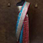 Peacock blue and pink partly minakari satan saree
