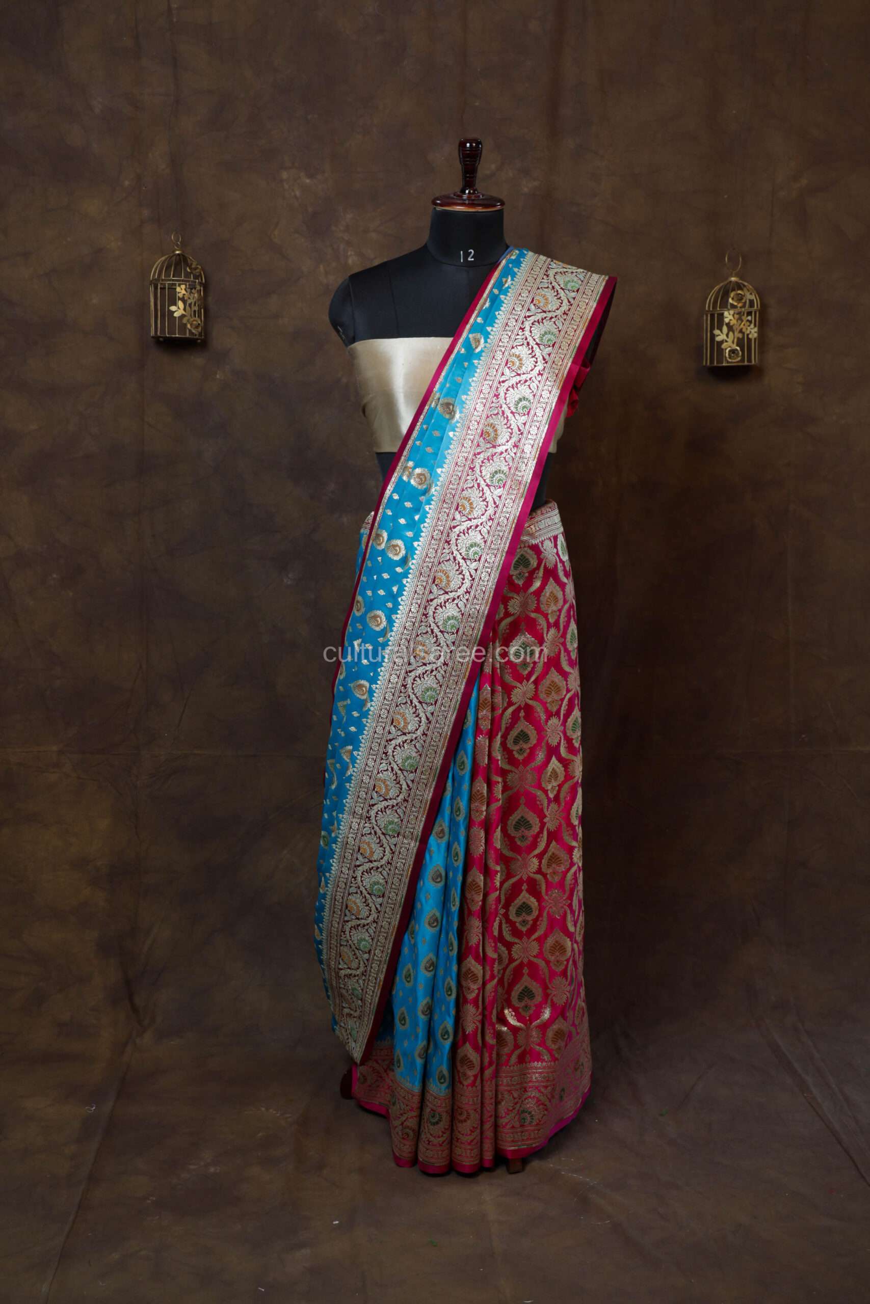 Peacock blue and pink partly minakari satan saree