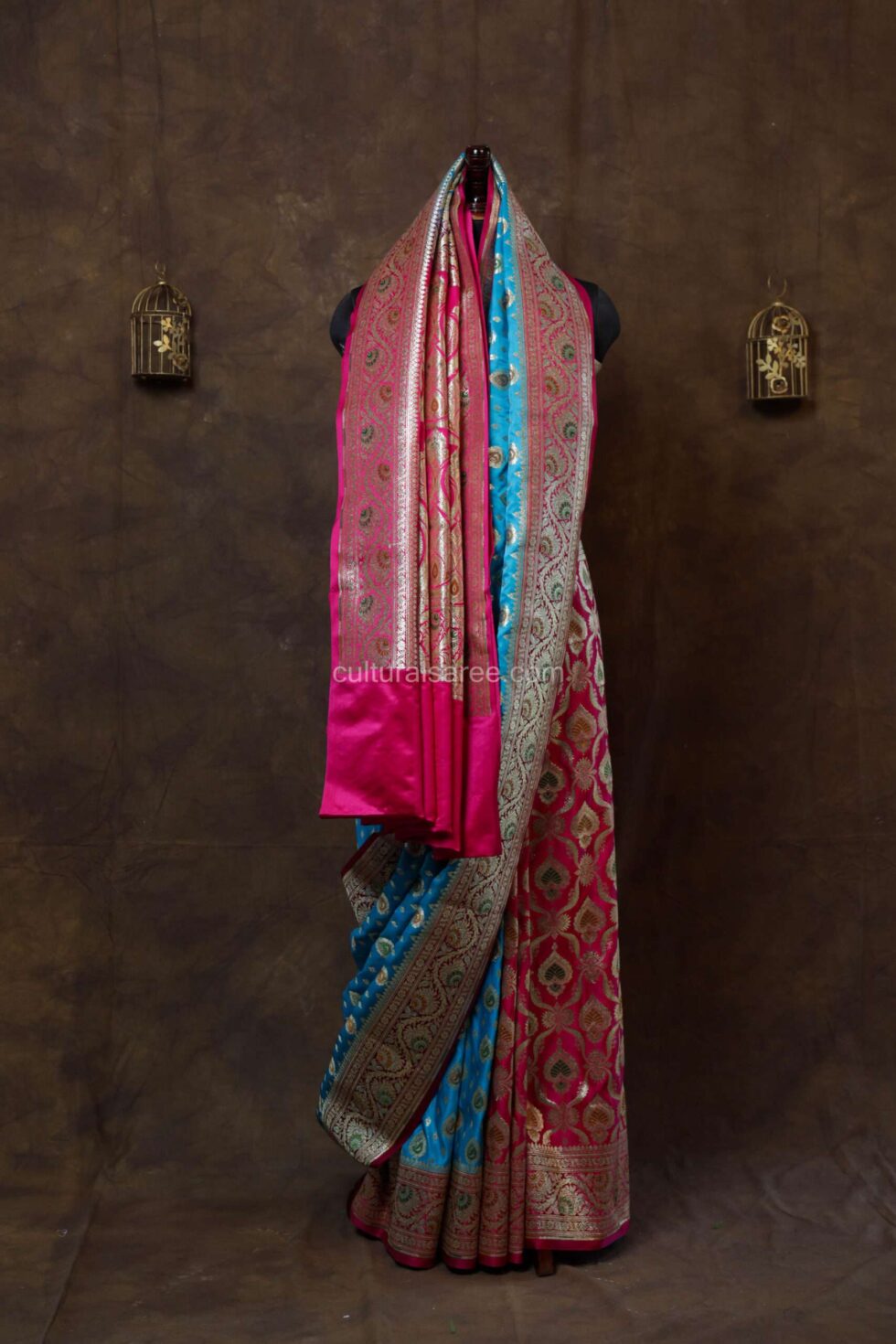 Peacock blue and pink partly minakari satan saree with beautiful minakari border