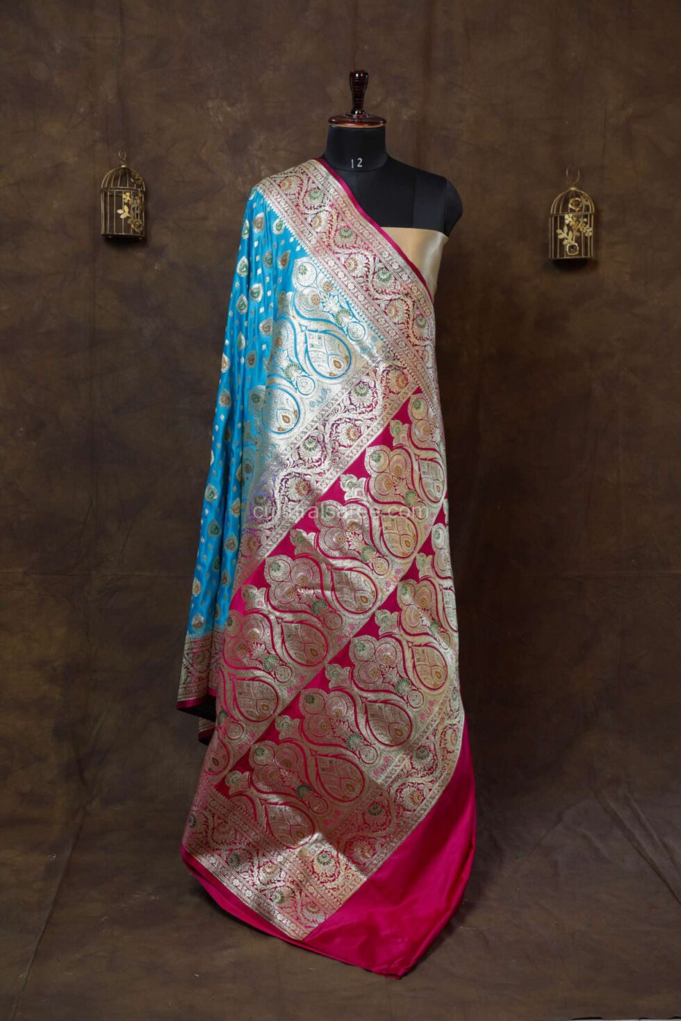 Peacock blue and pink partly minakari satan saree with beautiful minakari border and achal