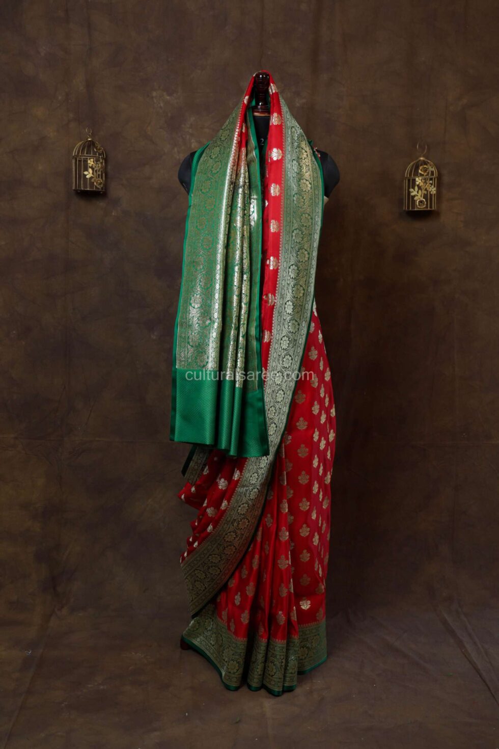 Royal Red Minakari Banarasi Satin Saree with beautiful minakari buta border