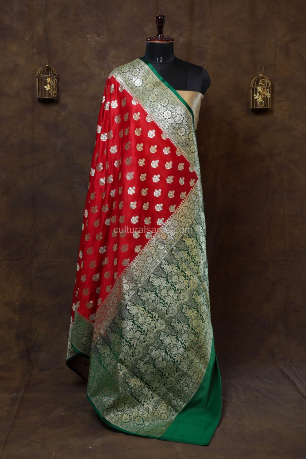 Royal Red Minakari Banarasi Satin Saree with beautiful minakari buta border and achal