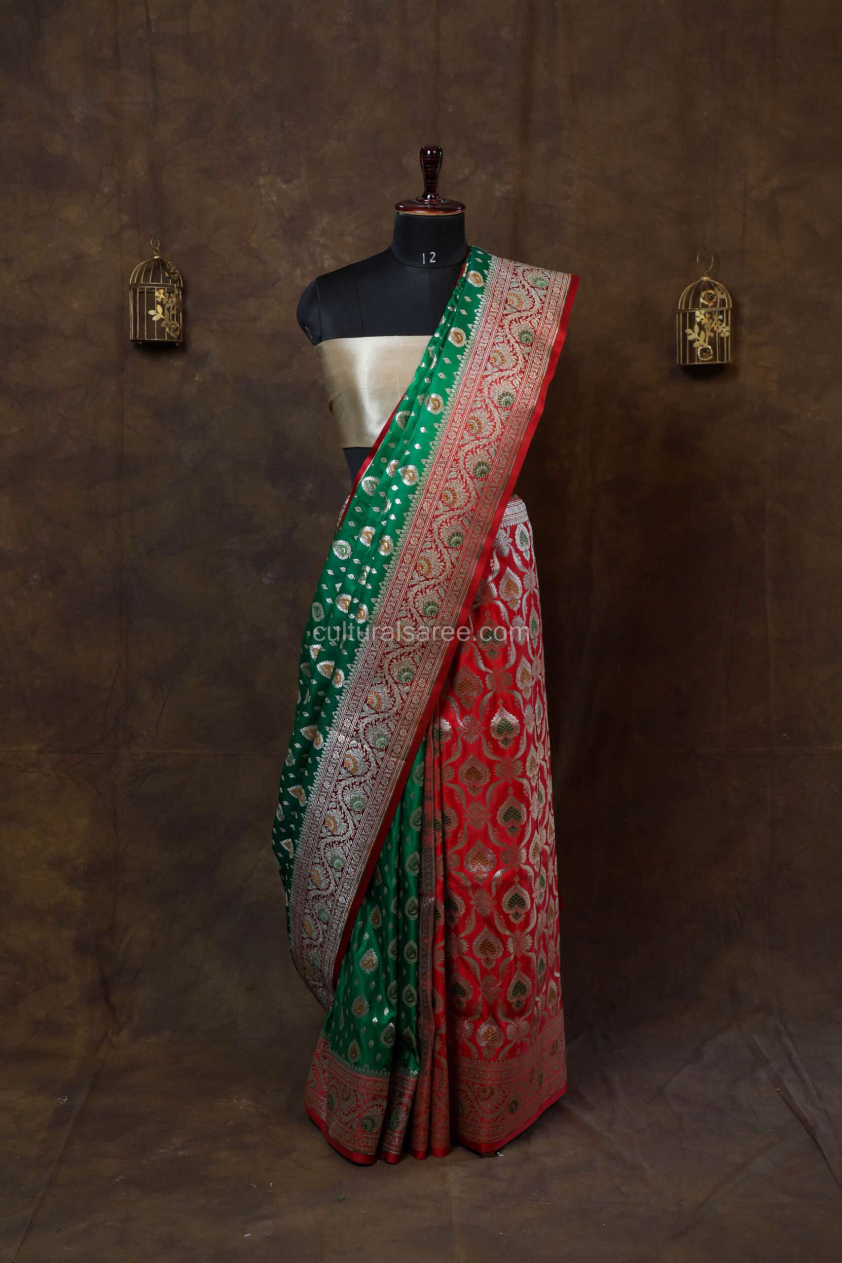 Ruby Red and Green Partly Minakari Contrast Banarasi Satin Saree