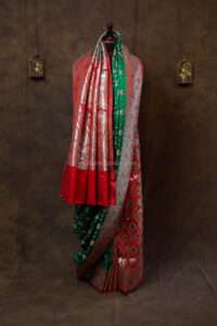 Ruby Red and Green Partly Minakari Contrast Banarasi Satin Saree with minakari border