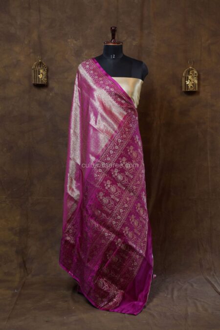 Dark pink Tanchoi Banarasi saree with Gold zari work with floral motifs