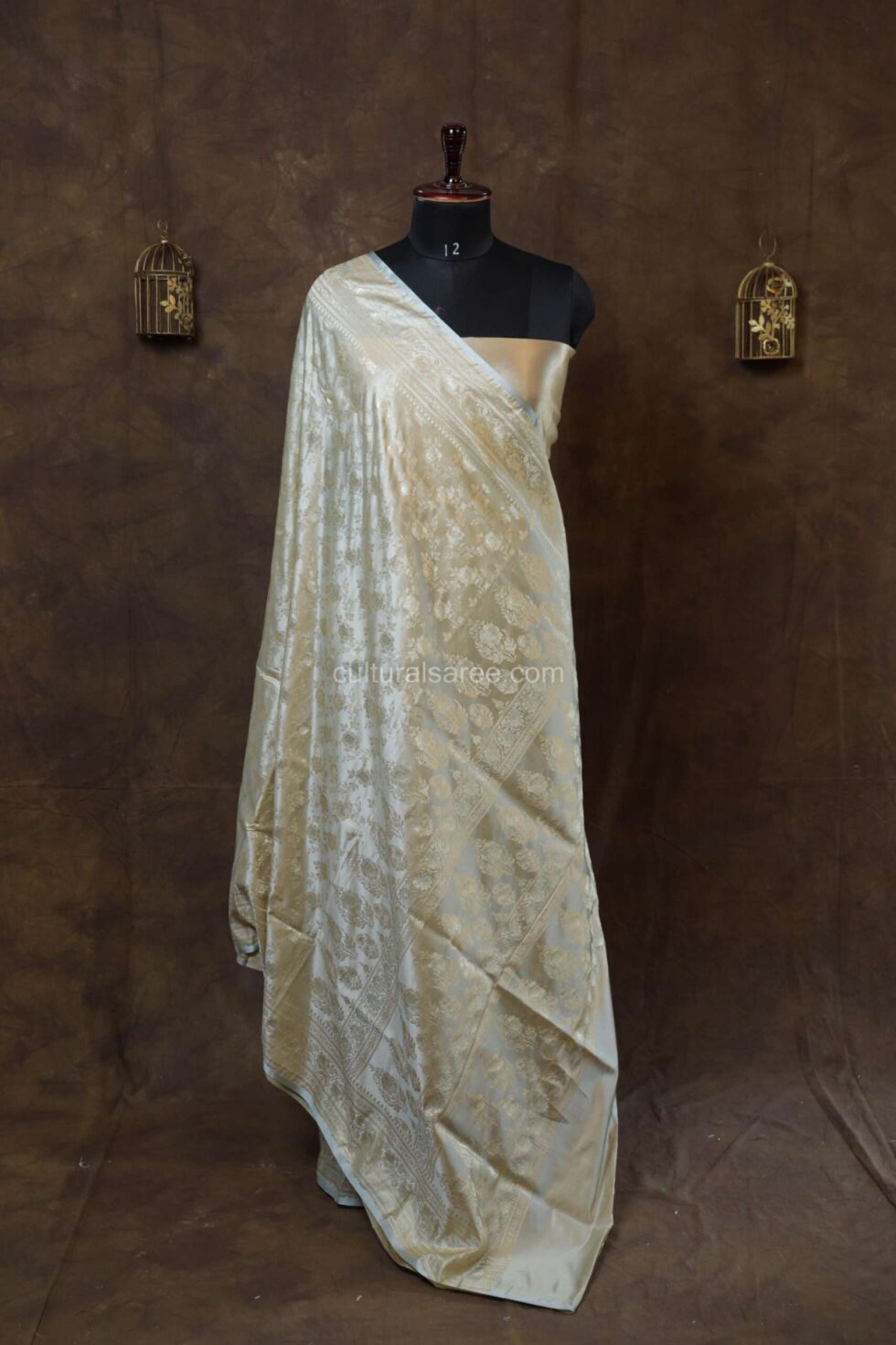 Pastel Gray banarasi silk saree with gold zariwork with floral motifs