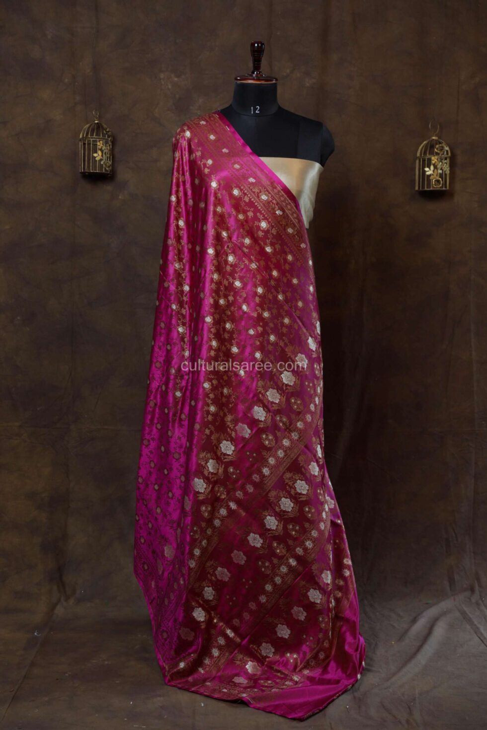 Magenta zariwork banarasi silk saree with floral motifs