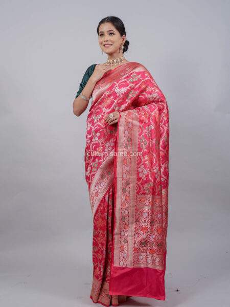 Rani Color Necklace Floral Jal Banarasi Pure Silk Saree