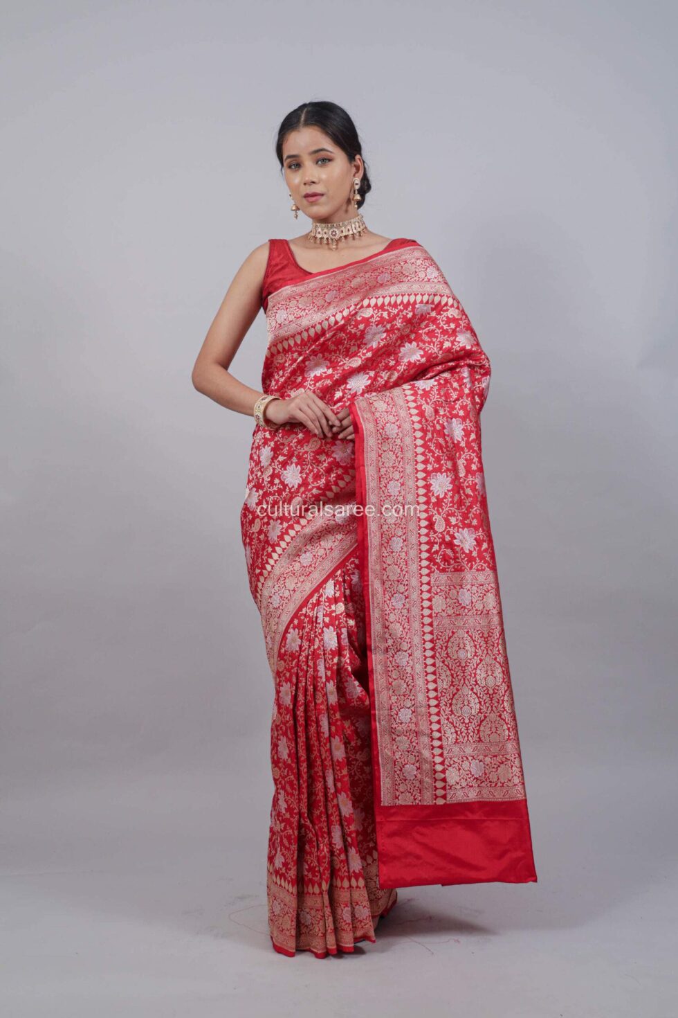 Royal Red Jangla Jal Banarasi Pure Silk Saree