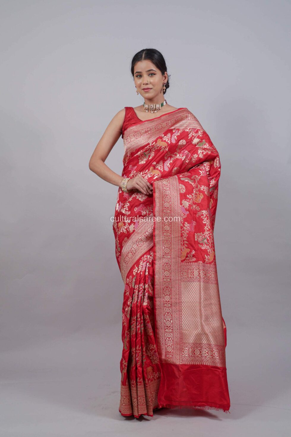 Royal Red Multi Color Shikargah Figure Jal Banarasi Pure Silk Saree