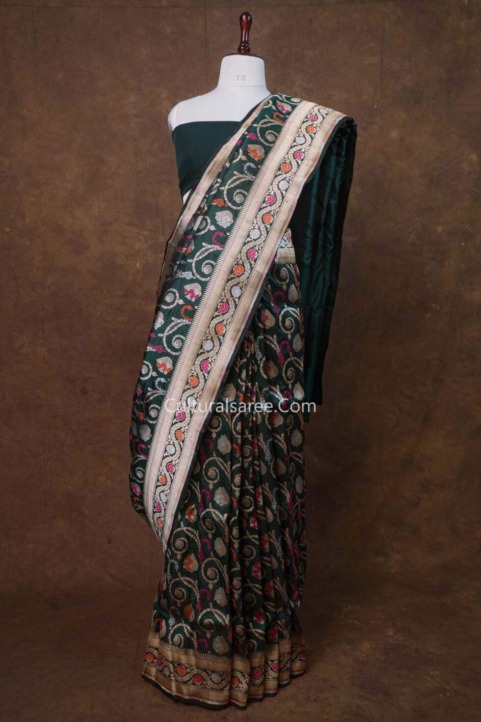 Bottle Green Banarasi Handloom Flower Minedar Saree