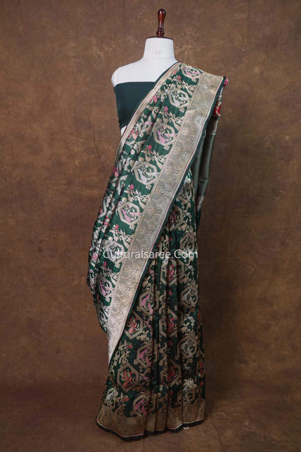 Bottle Green Banarasi Handloom Peacock & Parrot Jaal Saree