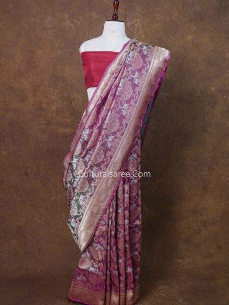 greyish-silver Banarasi handloom deer and tiger figure silk saree