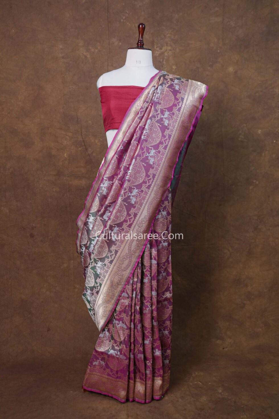 greyish-silver Banarasi handloom deer and tiger figure silk saree
