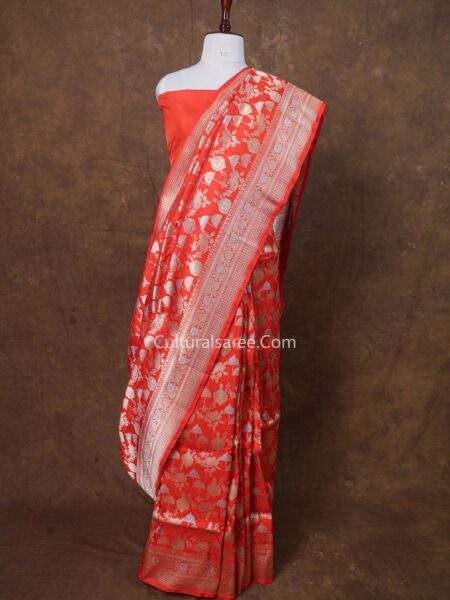Orange Banarasi Handloom Chhatra Jaal Minedar Silk Saree