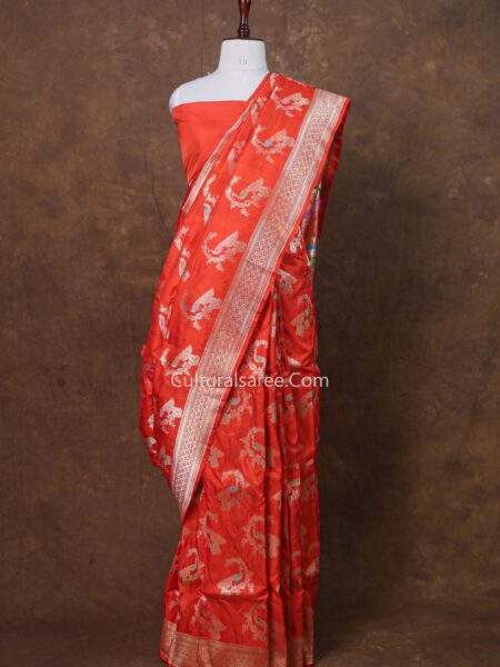 Orange Banarasi Handloom Peacock Buta Minedar Silk Saree