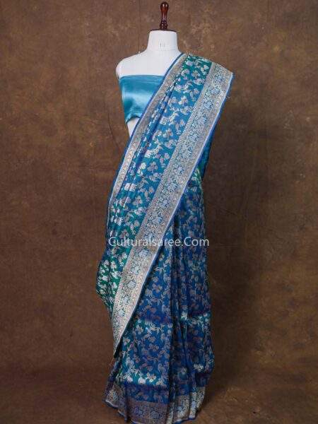 Peacock Blue Banarasi Handloom Horse & Elephant Figure Jaal Silk Saree