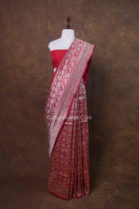 Maroon Banarasi Handloom Silk Saree With Mythical Creatures Motifs