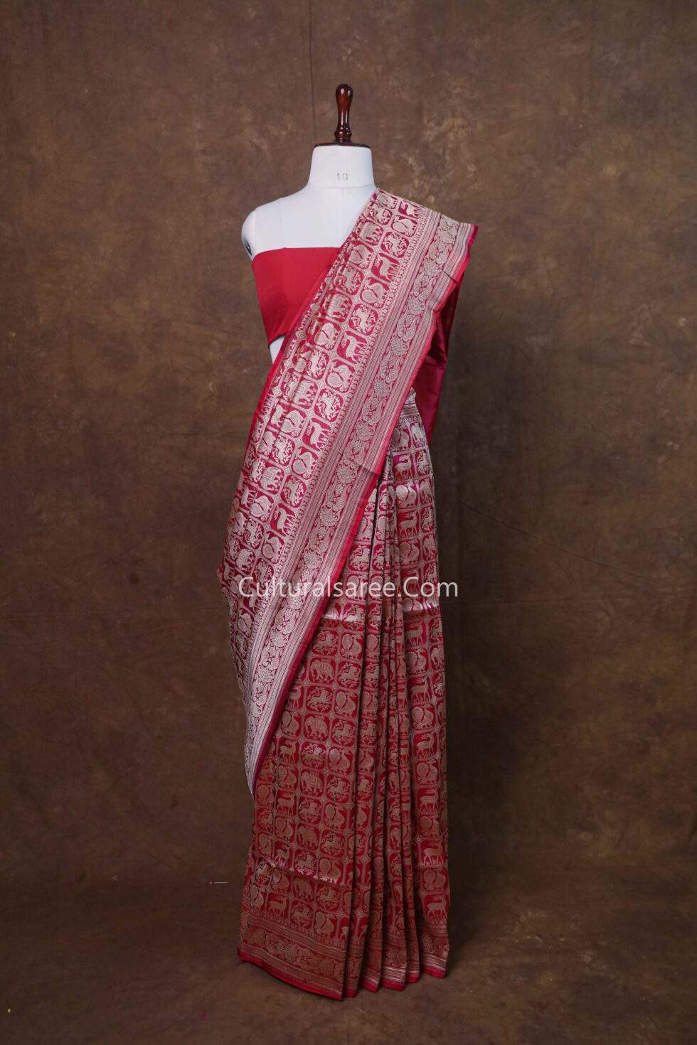Maroon Banarasi Handloom Silk Saree With Mythical Creatures Motifs