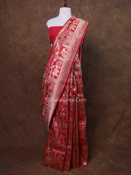 Bridal Red Banarasi Handloom Pure Silk Elephant Sikarga Figure Saree