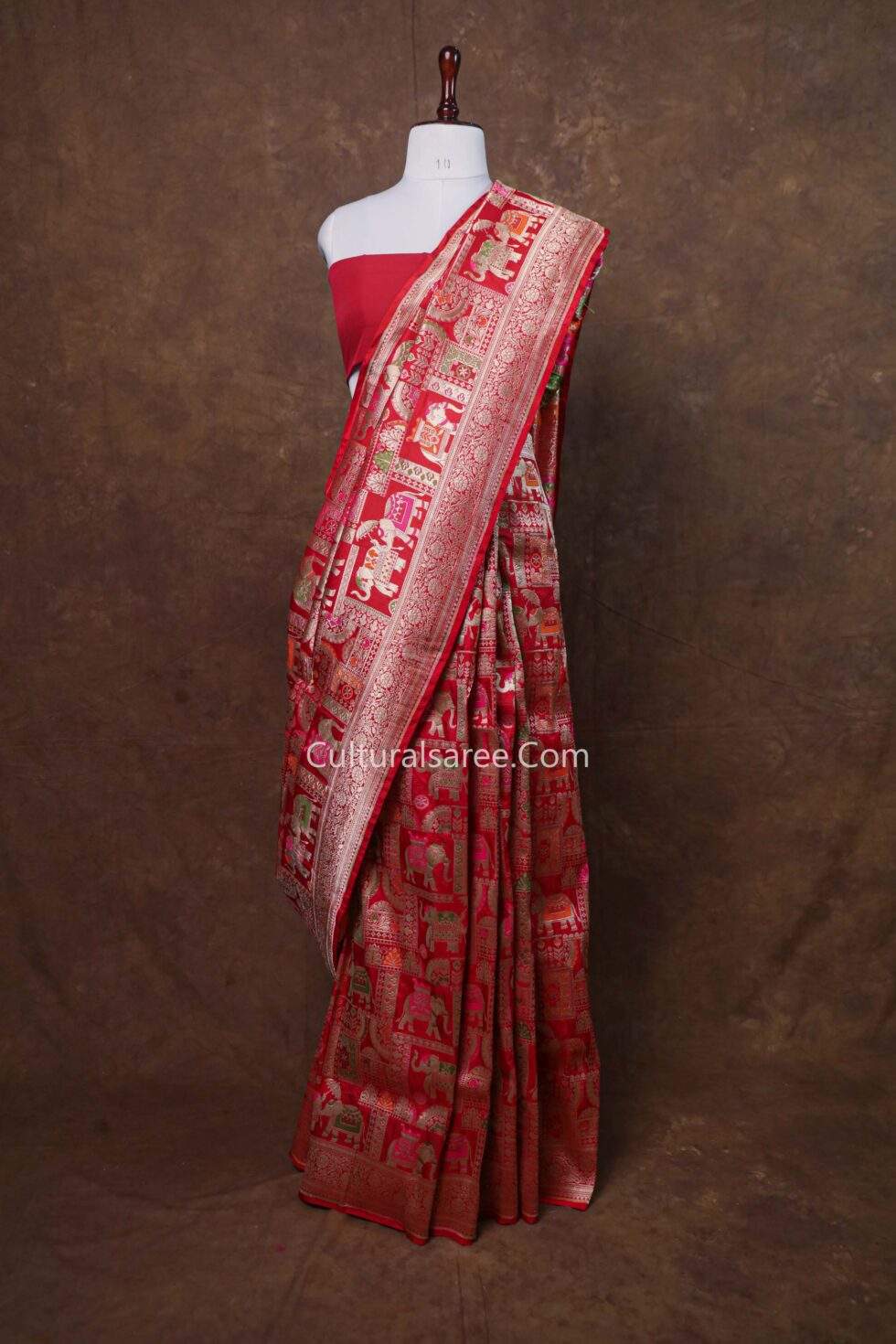 Bridal Red Banarasi Handloom Pure Silk Elephant Sikarga Figure Saree