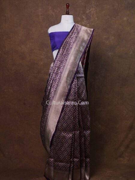 Purple Blue Banarasi Handloom Floral Brocade Jaal Silk Saree