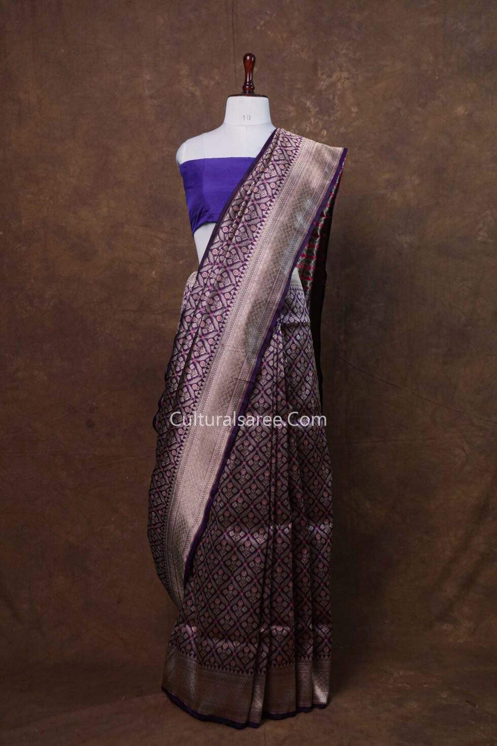 Purple Blue Banarasi Handloom Floral Brocade Jaal Silk Saree