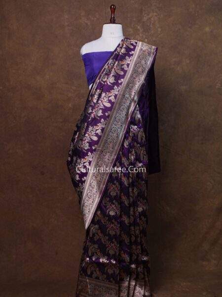 Purple Blue Banarasi Handloom Peacock Motifs Minedar Silk Saree