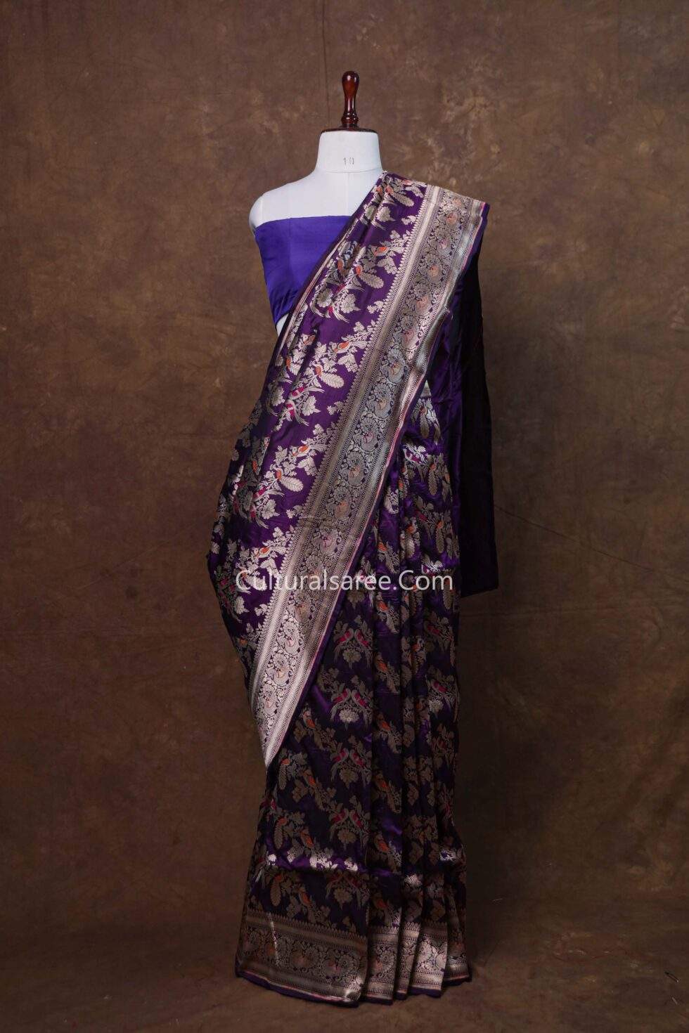 Purple Blue Banarasi Handloom Peacock Motifs Minedar Silk Saree