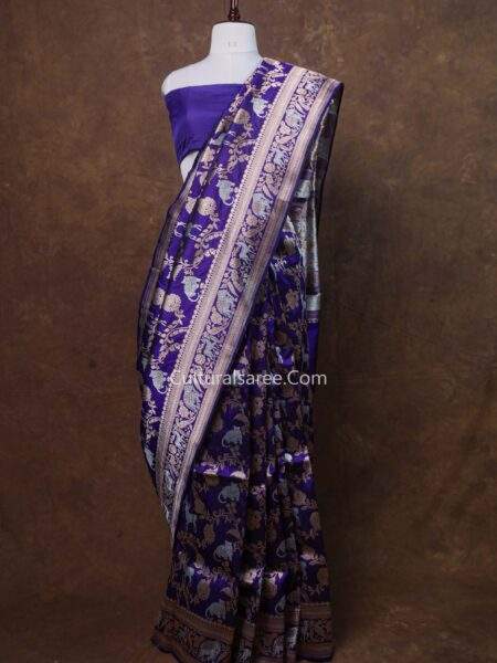 Royal Blue Banarasi Handloom Tiger & Deer Shikargah Figure Silk Saree