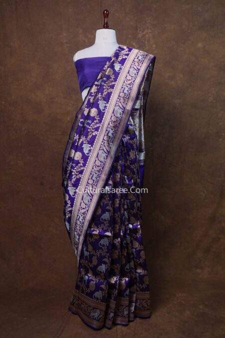 Royal Blue Banarasi Handloom Tiger & Deer Shikargah Figure Silk Saree