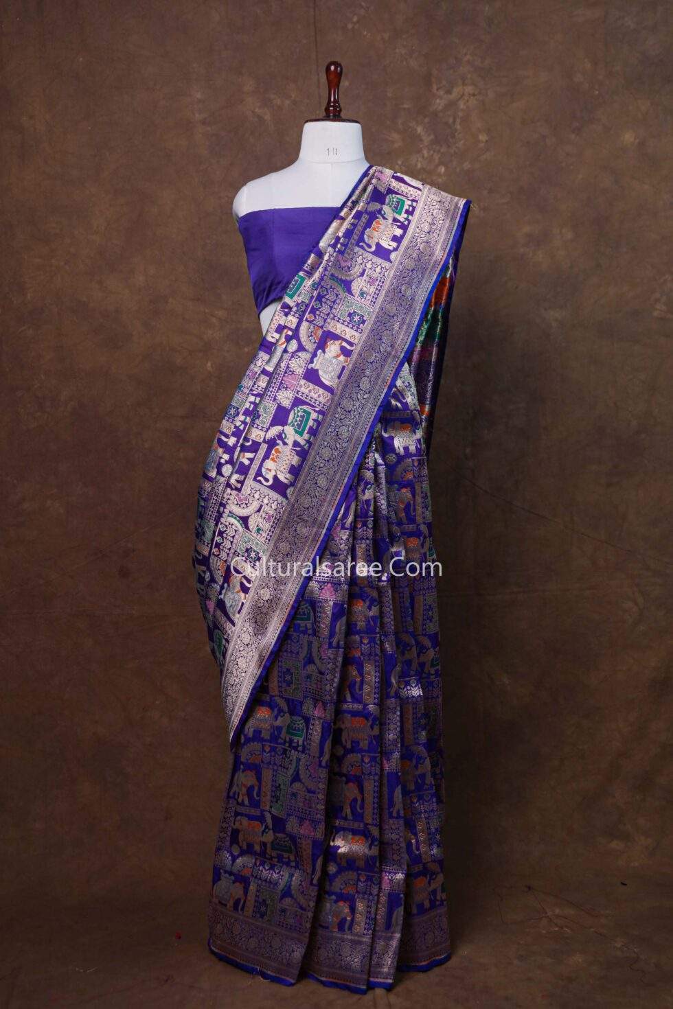 Purple Blue Handloom Banarasi Elephant Shikargah Figure Silk Saree